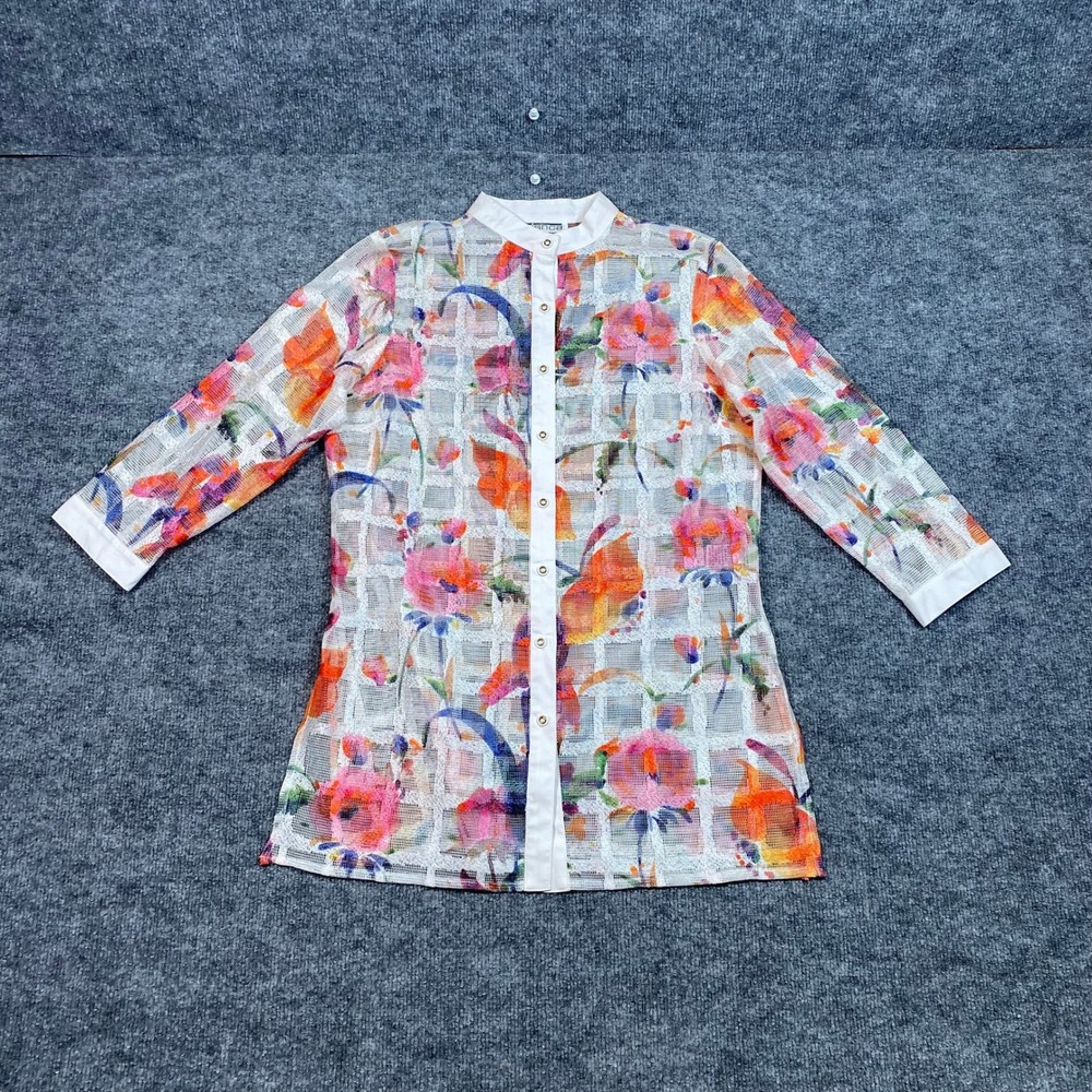 Mishca Women Floral Mesh Grid Button Up Tunic Top Mandarin Collar White Small